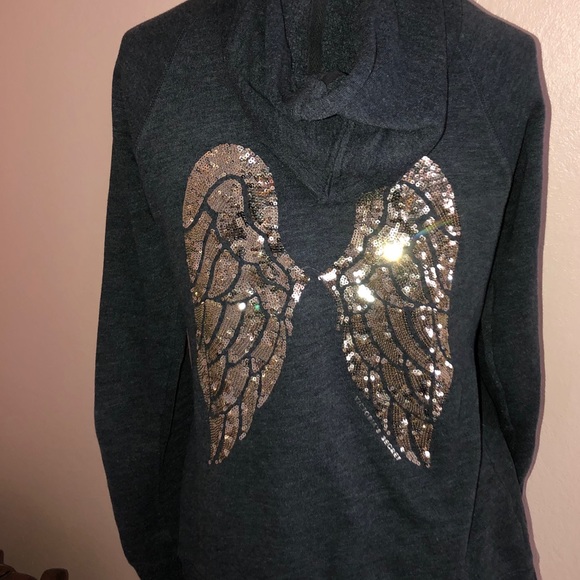 Victoria Secret charcoal grey hoodie with gold sequin bling angel wings - Picture 6 of 11